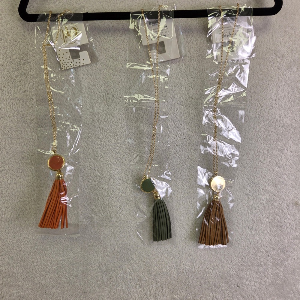 Occasionally Made Tassel Necklace Set Gold Tone Burnt Orange Olive Tan 3pc